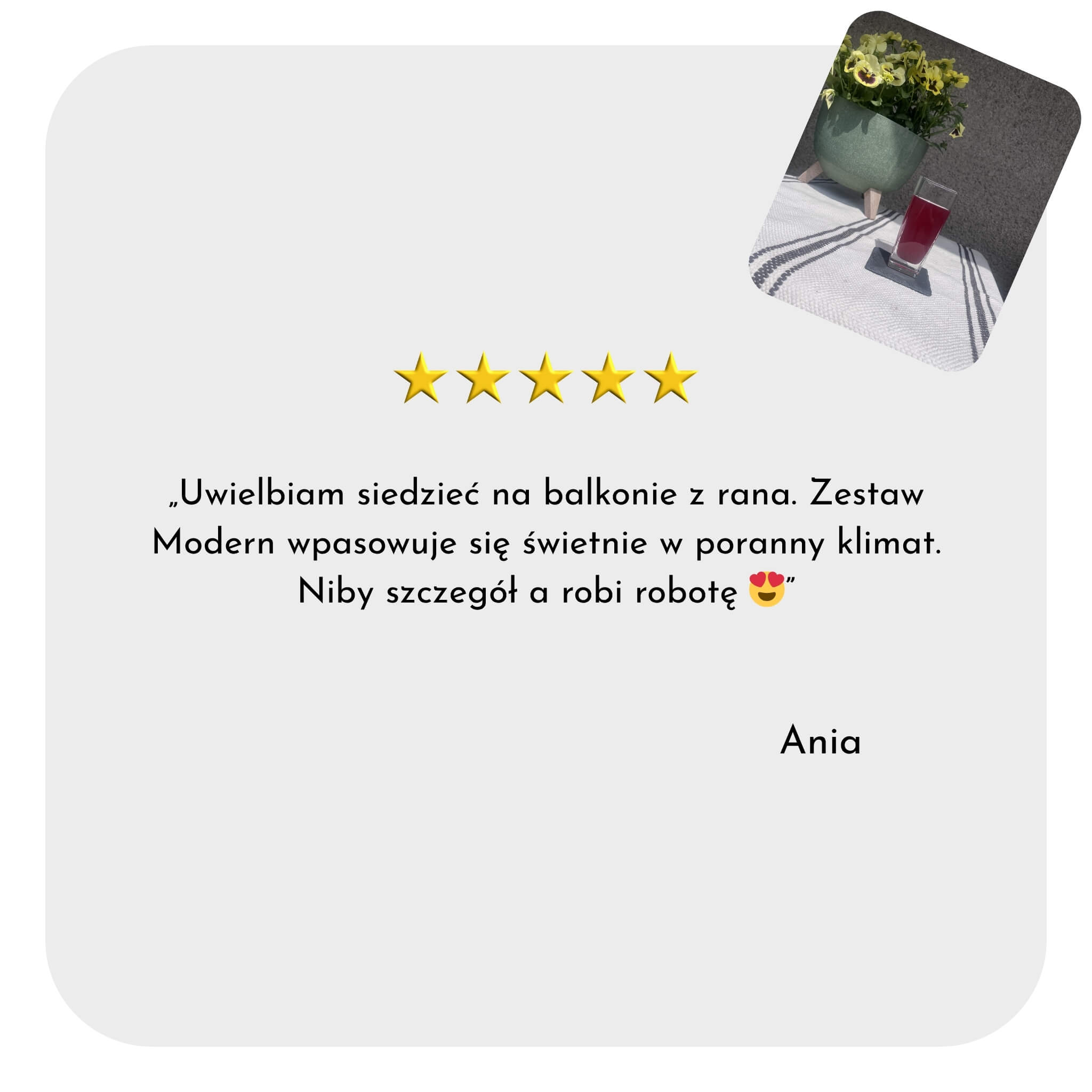 Opinia klientki Kasi — 5 gwiazdek — zestaw ze szklankami i podstawkami