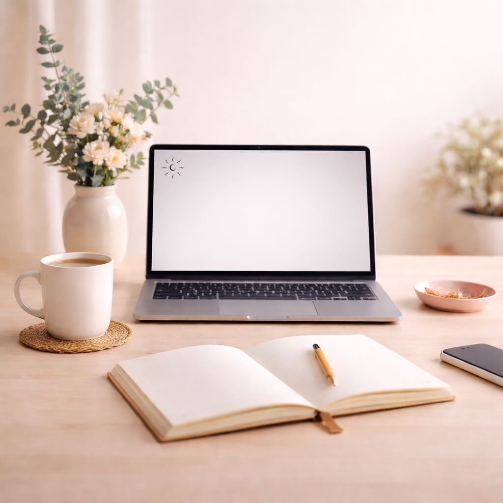 Strefa kontaktu sklepu Sun & Luna: zdjęcie przedstawiające laptopa, notatnik i kwiaty w wazonie.