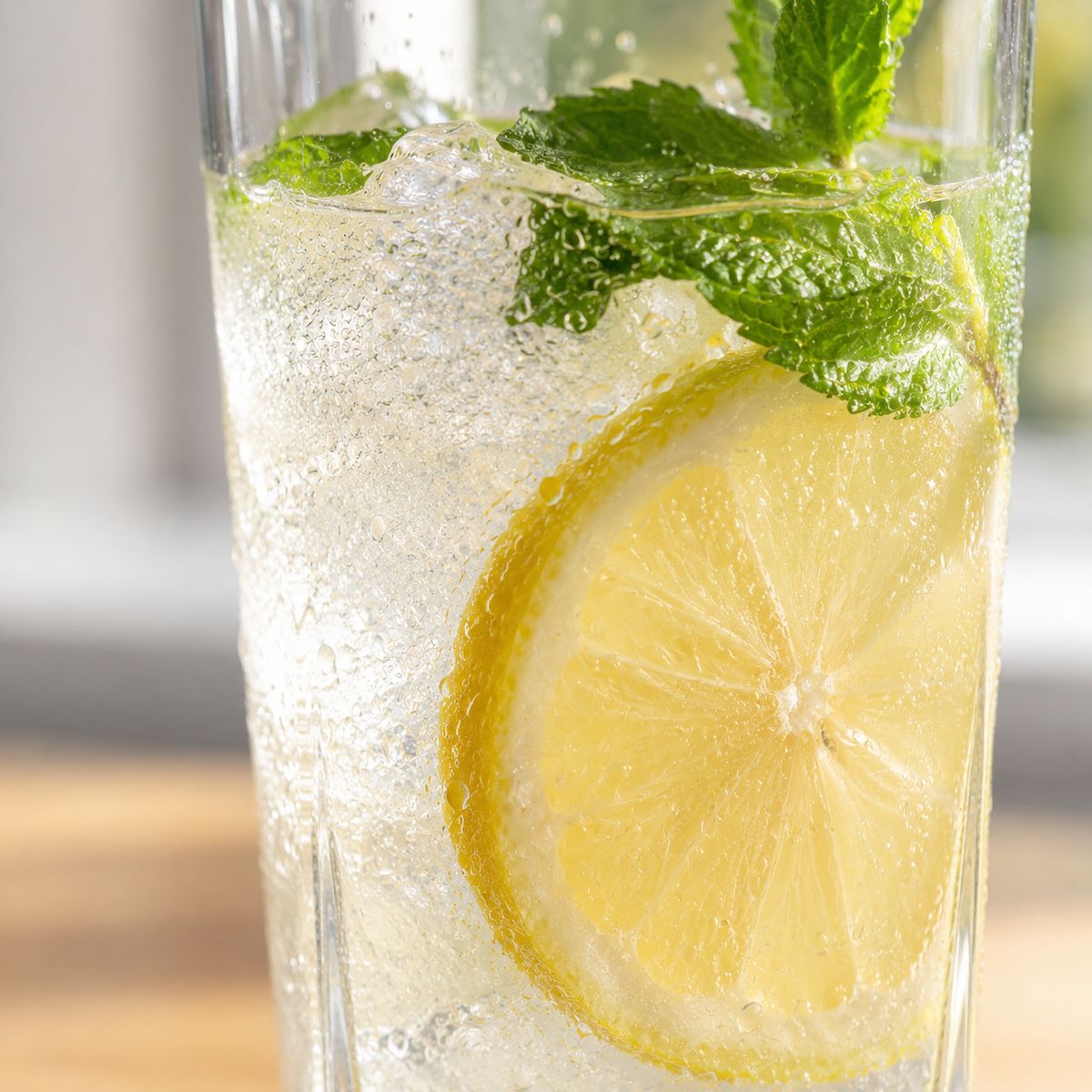 Lemoniada z miętą w wysokiej szklance z bliska