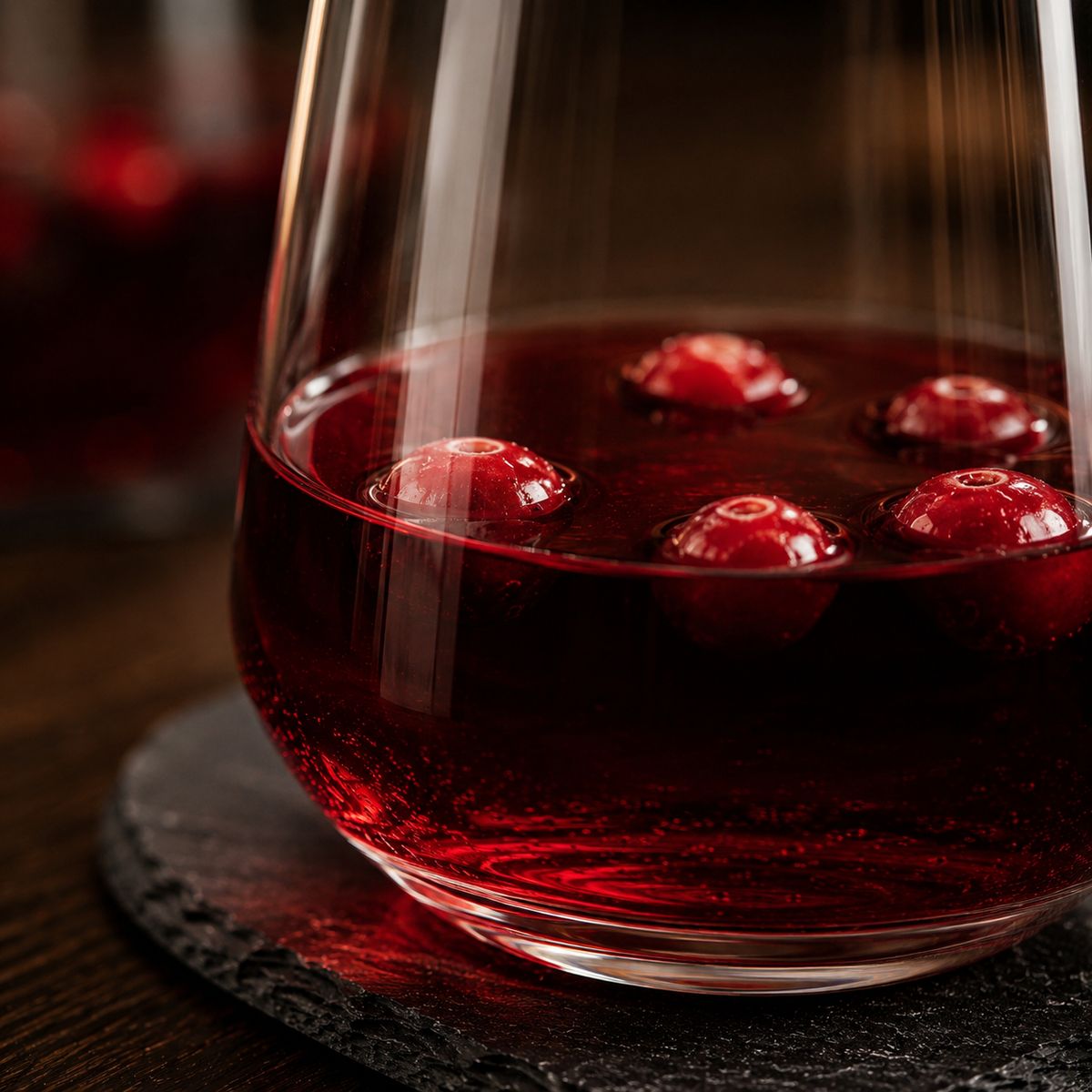 Obła szklanka Love z rubinowym drinkiem z bliska