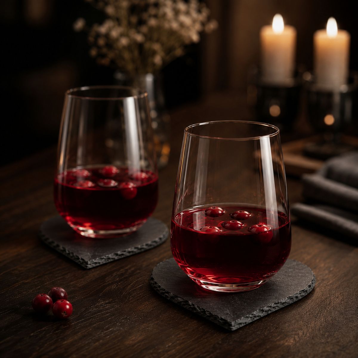 Dwie obłe szklanki z rubinowym drinkiem na podstawkach serca