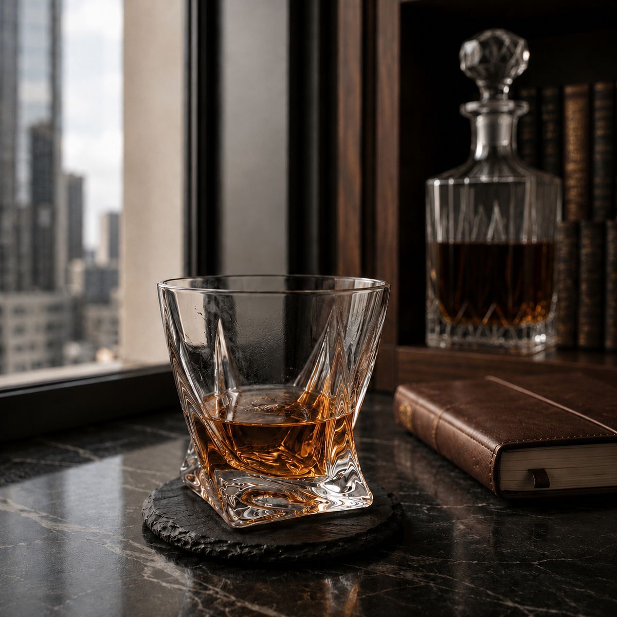 Zestaw Sunrise & Luna, szklanki do whisky i podstawki z łupka na stole