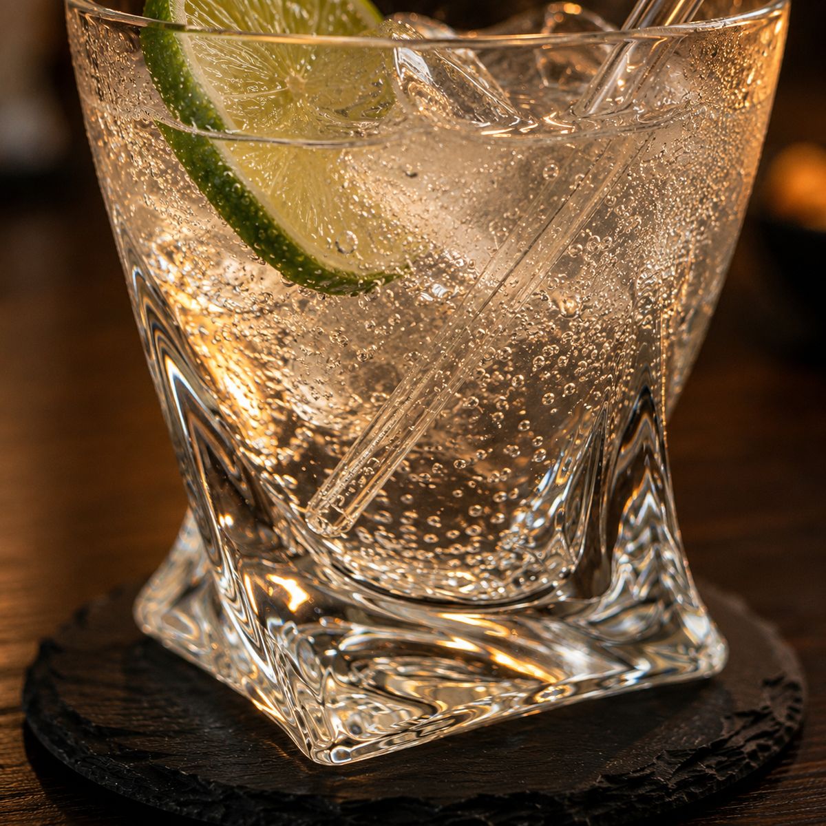 Drink z limonką i szklaną słomką z bliska