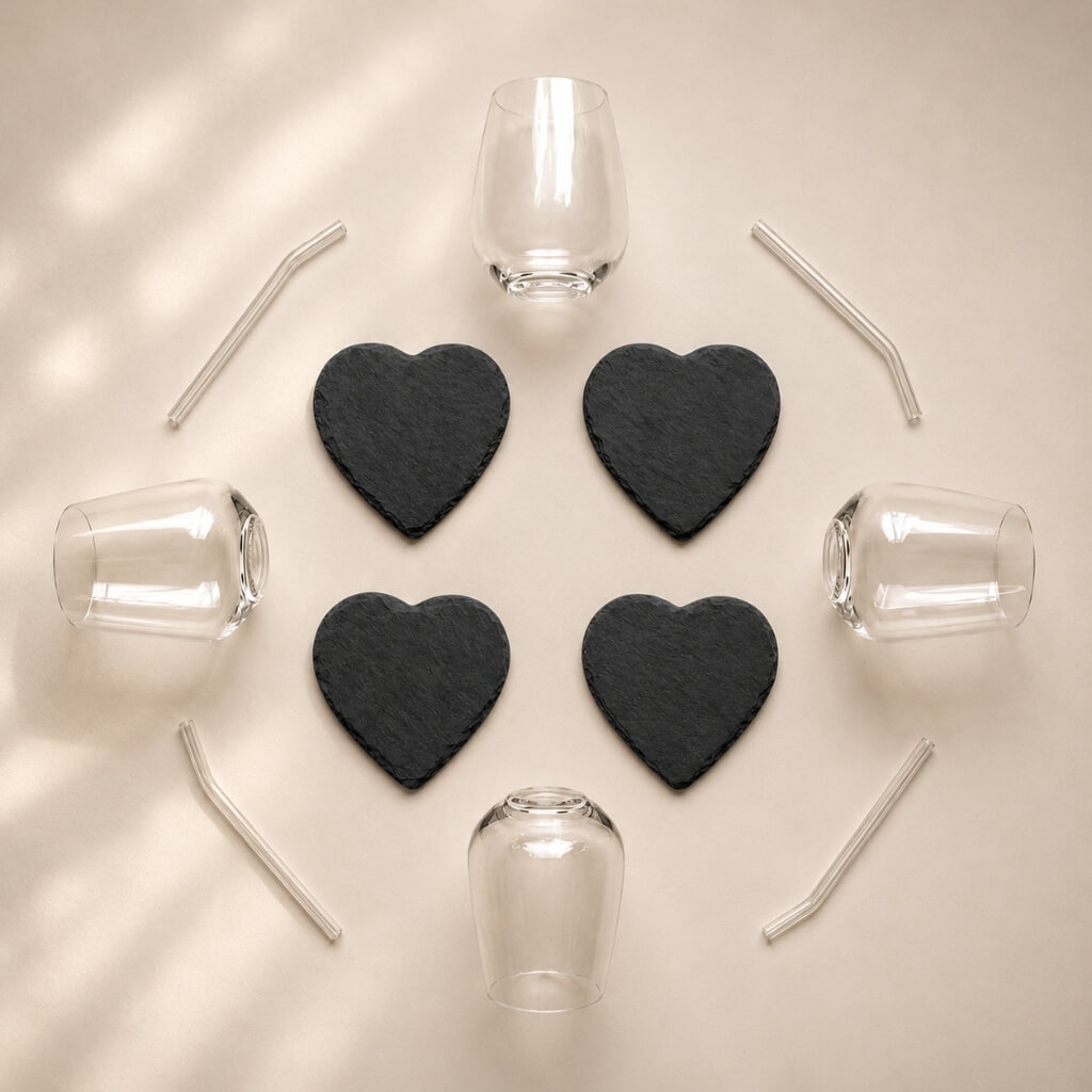 Zestaw Sunrise & Luna Quattro - Love+ – 4 szklanki tumbler, 4 kamienne podstawki serca i 4 szklane słomki w jednym komplecie.