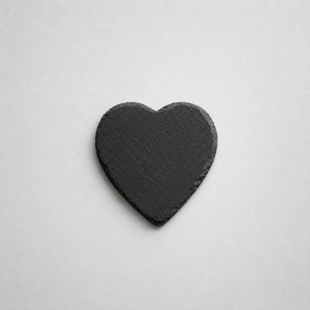 Elegancka kamienna podstawka z łupka w kształcie serca z serii Luna Stones Love, eksponująca unikalną, surową strukturę naturalnego kamienia, która idealnie pasuje do nowoczesnych wnętrz i aranżacji w stylu boho.