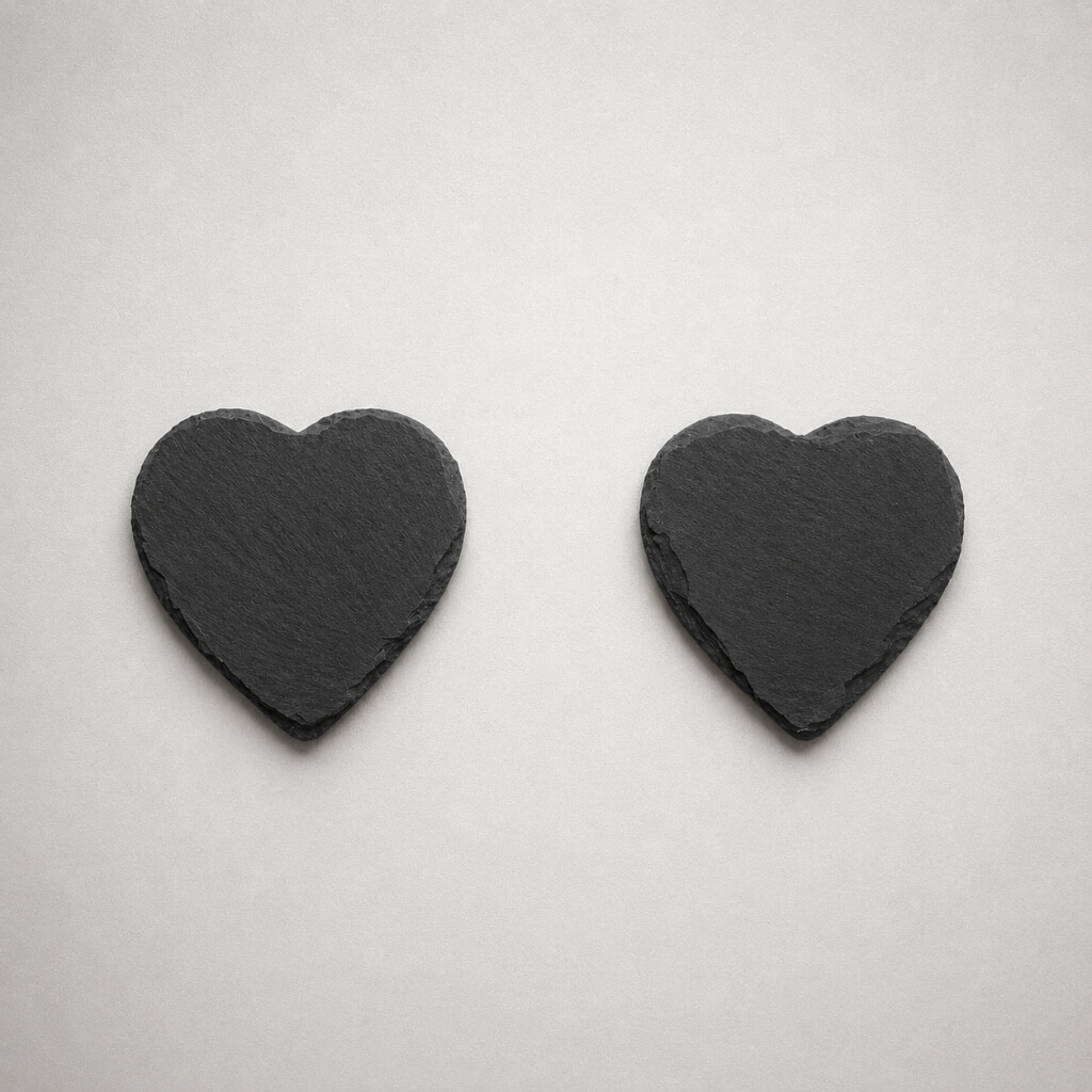 Zestaw dwóch podstawek z łupka w kształcie serca Luna Stones Duo Love, stanowiący idealny i romantyczny prezent dla pary na Walentynki lub rocznicę, tworząc elegancki i stylowy wystrój stołu podczas wspólnej kawy.