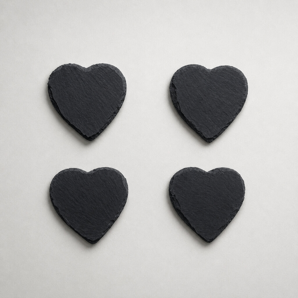 Komplet czterech kamiennych podstawek w kształcie serca Luna Stones Quattro Love, stanowiący wyjątkowy prezent dla bliskich na parapetówkę lub rocznicę, który gwarantuje romantyczny wystrój stołu podczas spotkań przy kawie.