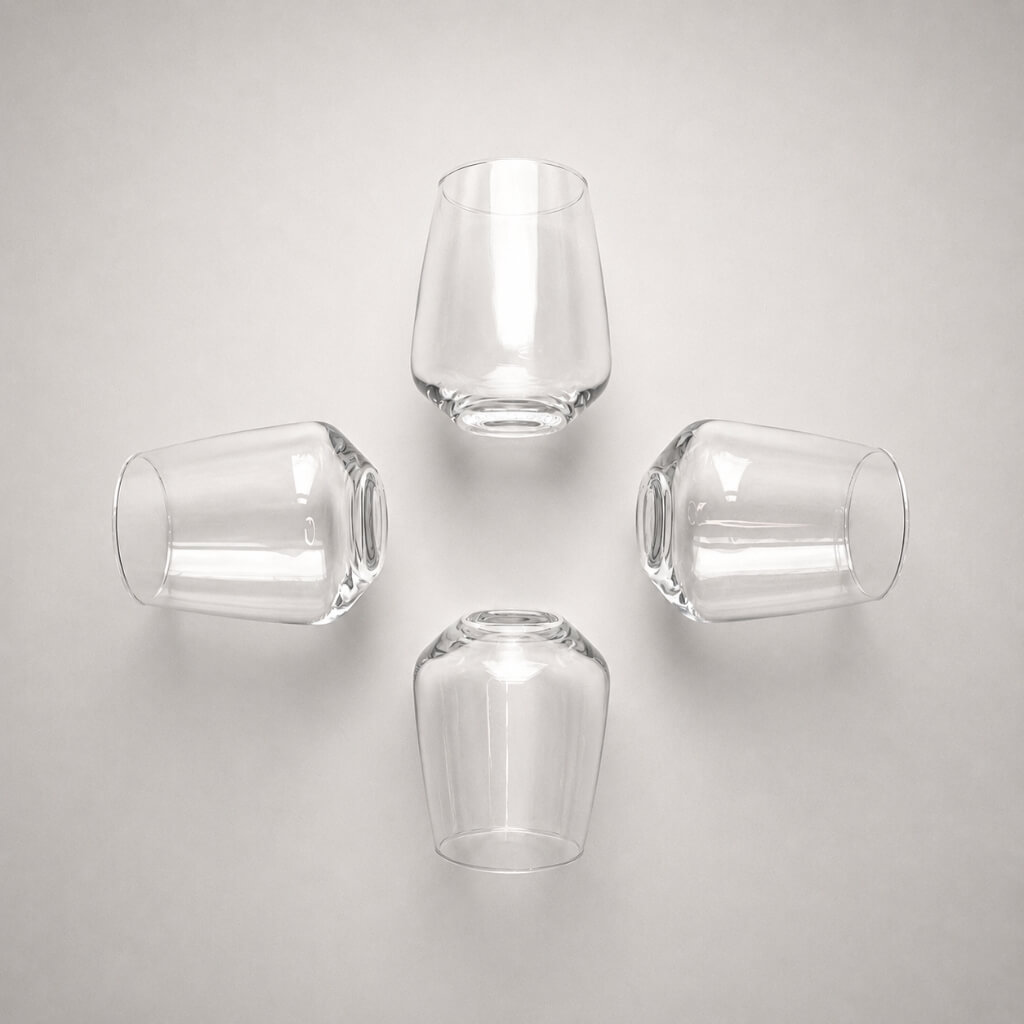 Komplet 4 obłych szklanek typu tumbler z serii Sunrise Elegance Glasses Quattro Love, serwowany na rodzinnym stole podczas eleganckiego przyjęcia, stanowiący idealny prezent na parapetówkę dla bliskich.