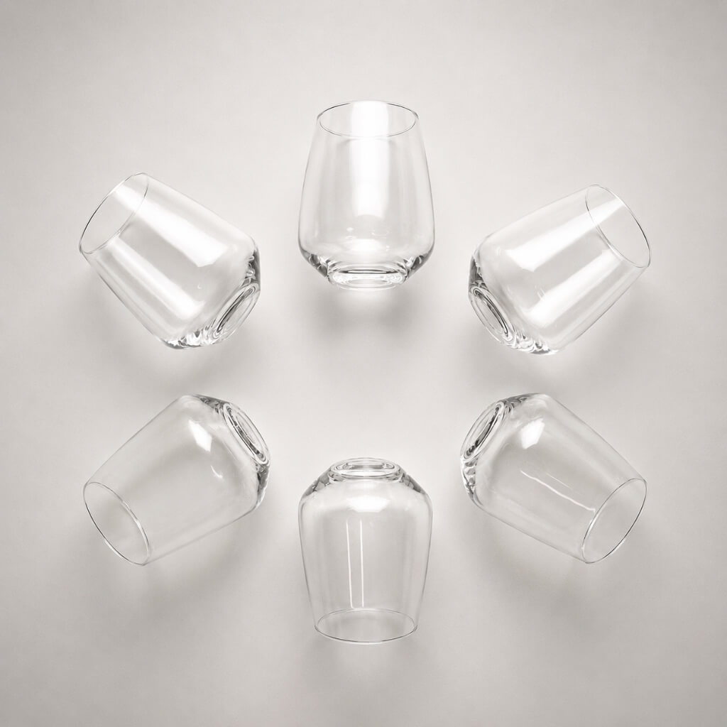 Komplet 6 sztuk szklanek typu tumbler z serii Sunrise Elegance Glasses Six Love ustawiony w domowym barku, stanowiący elegancki prezent dla gości na parapetówkę lub rodzinne przyjęcia.